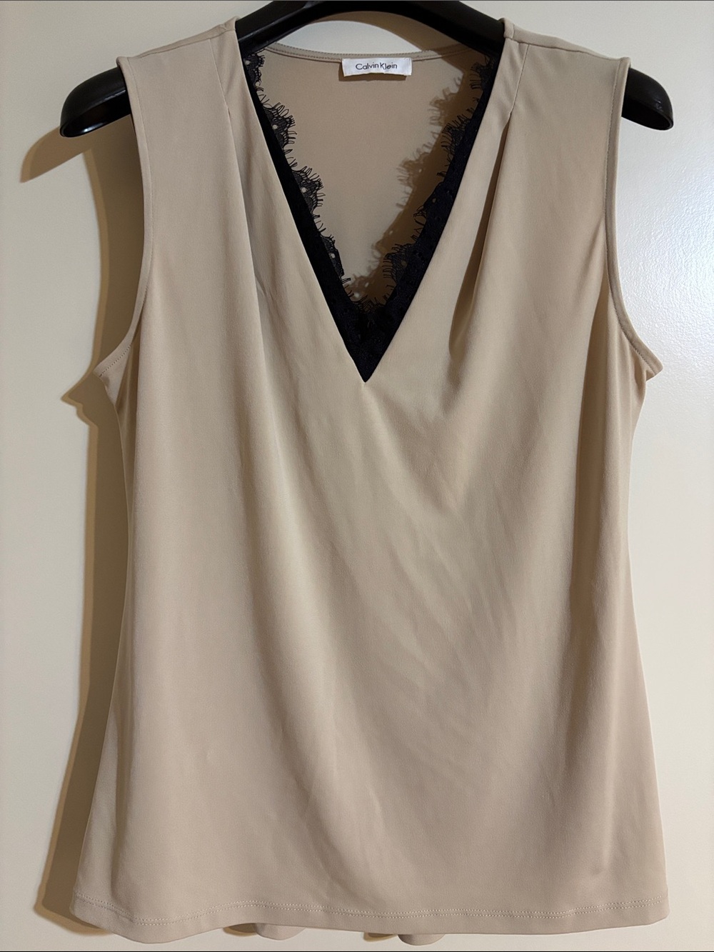 Calvin Klein Beige Sleeveless V-Neck Tank with Black Lace Inset